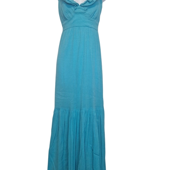Newport News Turquoise Maxi Ruffle Sleeveless Dress. Side Zipper - Picture 2 of 5